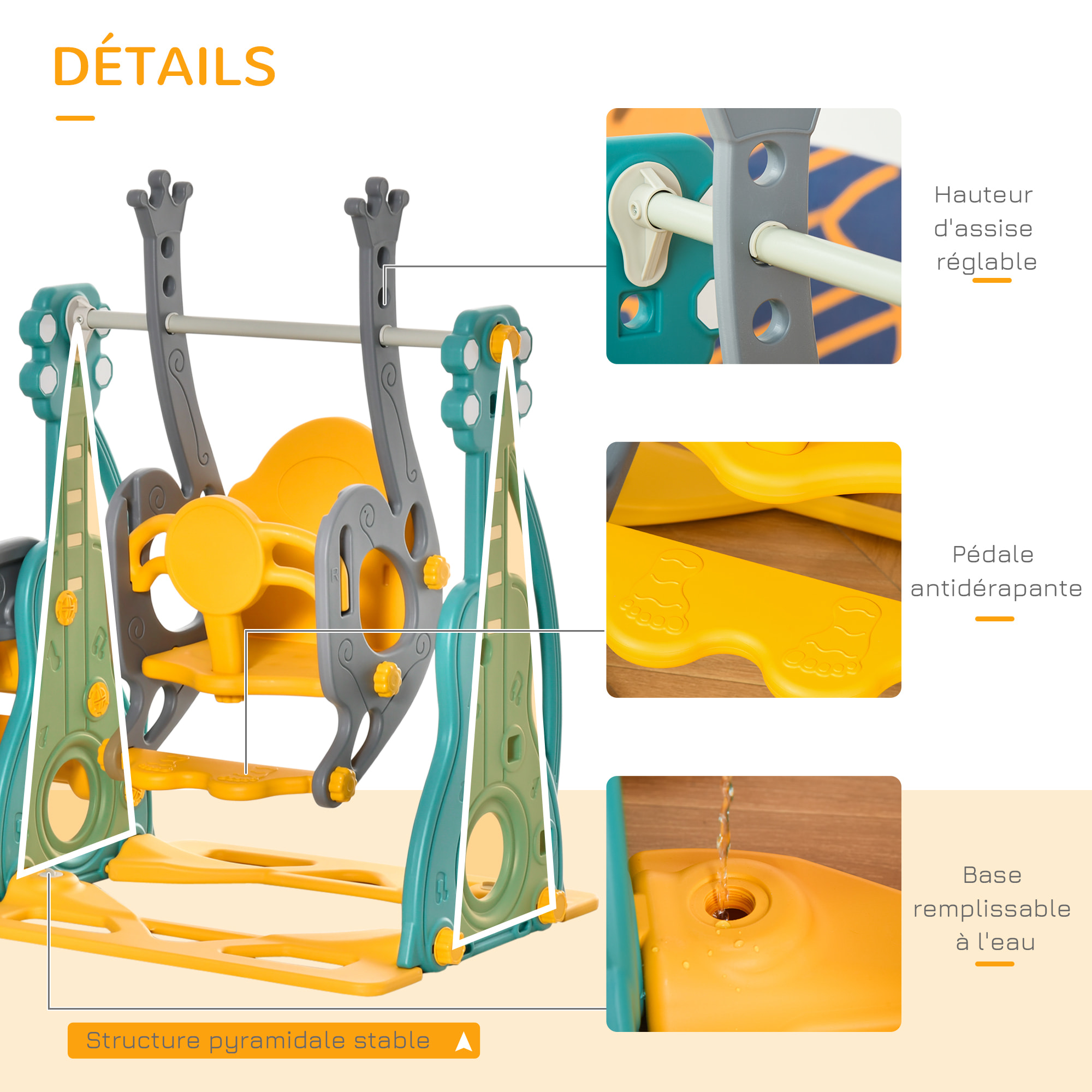 Toboggan et balançoire pour enfants 4 en 1 avec panier de basket, siège réglable, 152x149x107cm, bleu et jaune