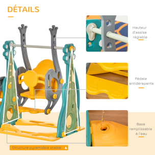 Toboggan et balançoire pour enfants 4 en 1 avec panier de basket, siège réglable, 152x149x107cm, bleu et jaune
