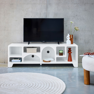 Meuble tv organique effet bois blanc 160cm avec plusieurs niches 7 compartiments de rangement L160cm