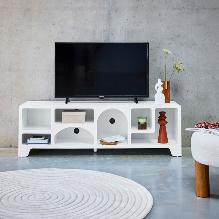 Meuble tv organique effet bois blanc 160cm avec plusieurs niches 7 compartiments de rangement L160cm