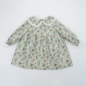 Vestido con cuello de volantito de flores verde azul y blanco