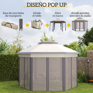 Carpa Plegable 4x3,4 m, Cenador de Jardín Hexagonal con Doble Techo, 6 Mosquiteras Extraíbles y Bolsa de Transporte, Impermeable, Anti-UV para Exterior, Fiestas, Marrón y Beige