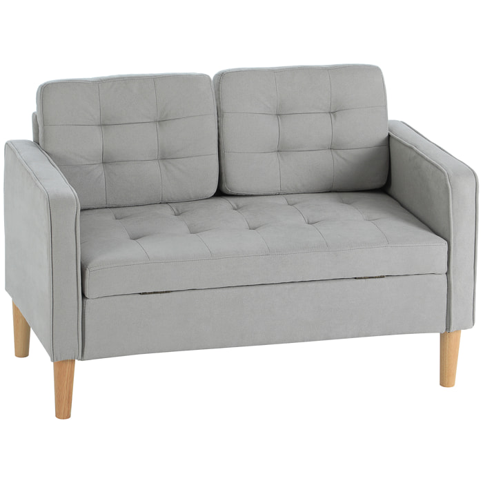 Sofá de 2 Plazas con Espacio de Almacenamiento, Sofá Moderno de Terciopelo con Patas de Madera, Respaldo Capitoné, para Salón, Dormitorio, Oficina, 117x62x78 cm, Gris Claro