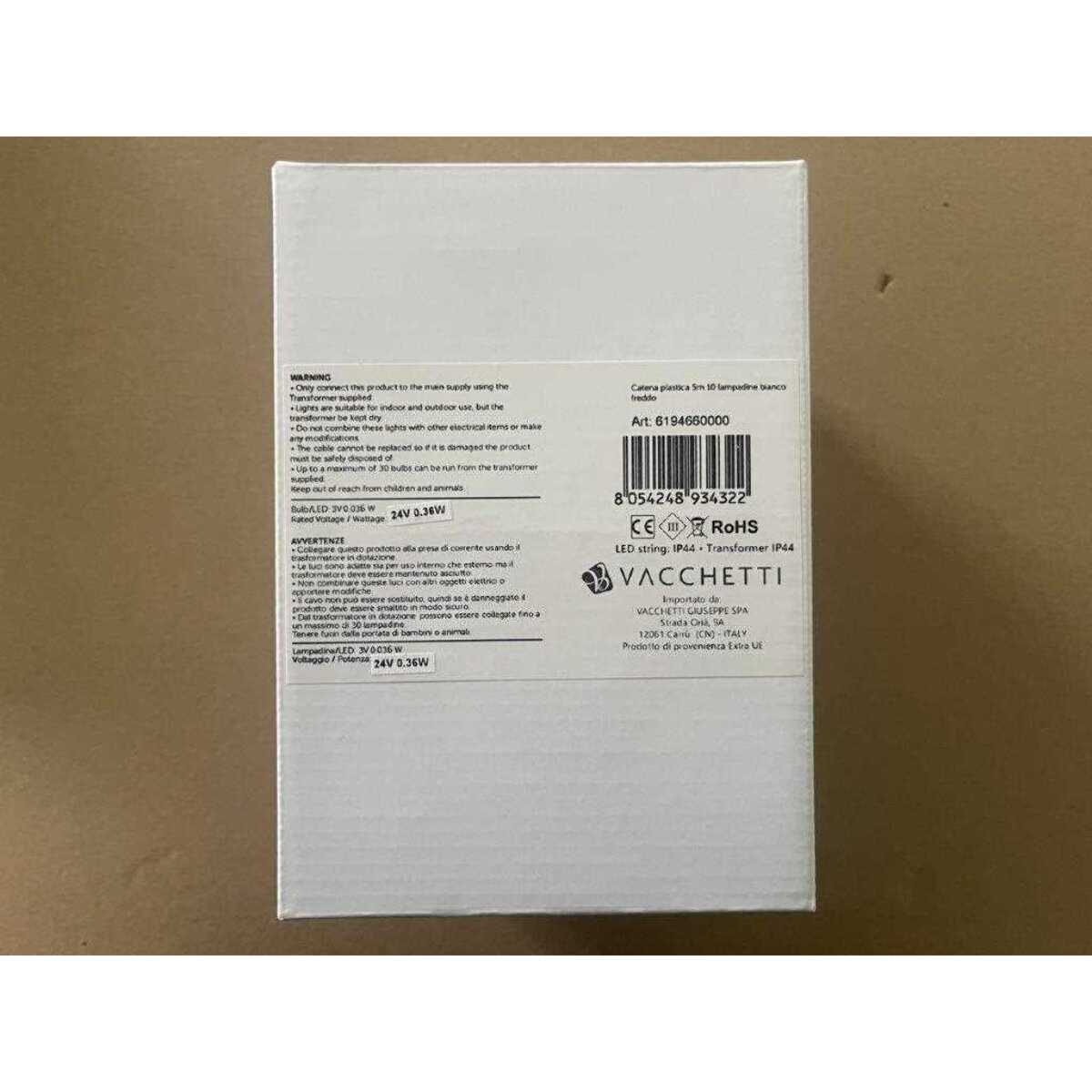 Catena in plastica da 5m con 10 lampadine a luce bianco freddo