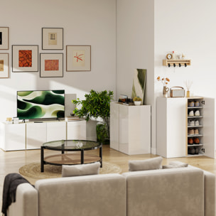 Meuble TV 135 cm, meuble télé pour téléviseur jusqu'à 65 pouces avec 4 portes à fermeture amortie, étagère réglable et passe-câbles, banc TV pour salon, chambre à coucher, blanc