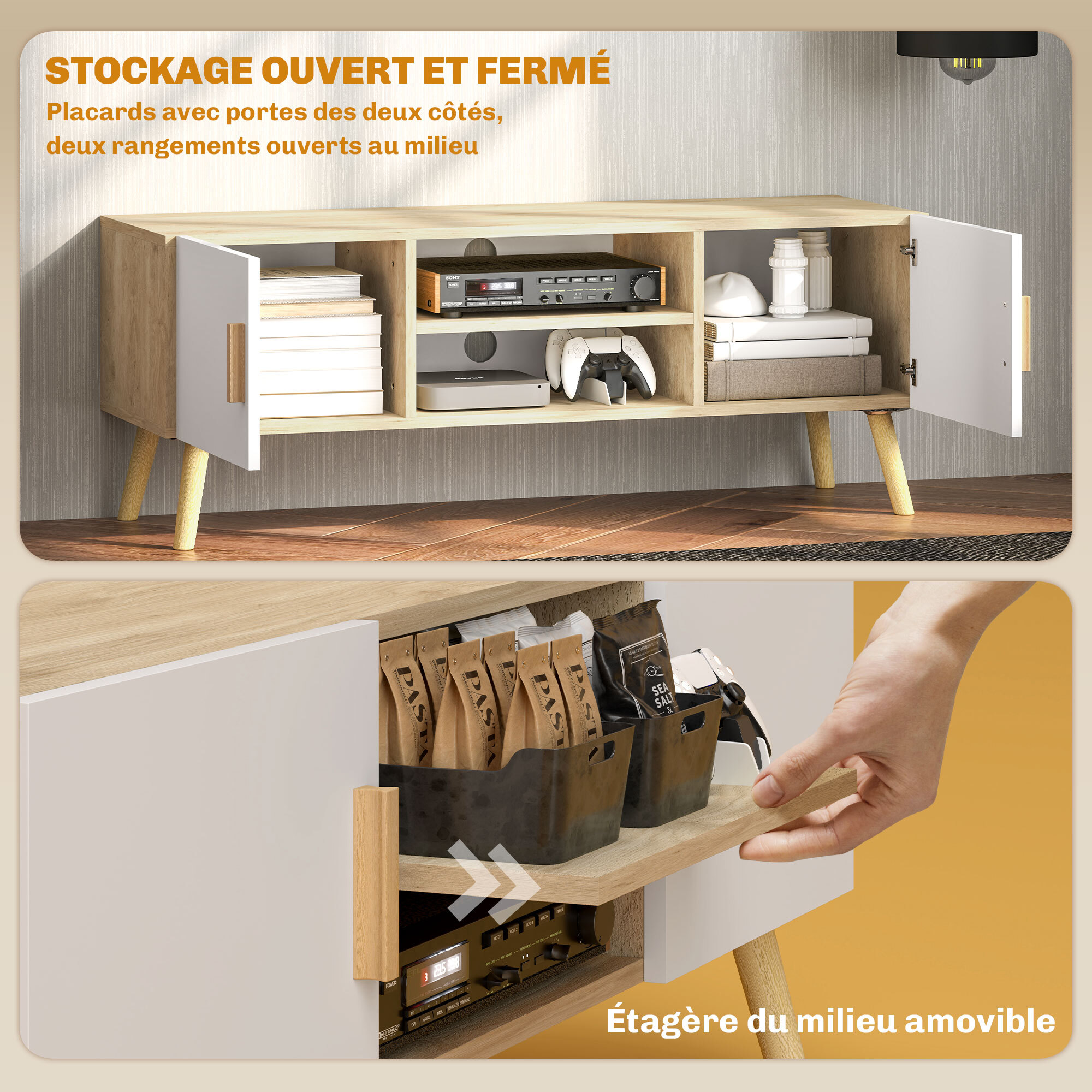 Meuble TV banc TV design scandinave 2 portes 2 niches - blanc effet chêne clair