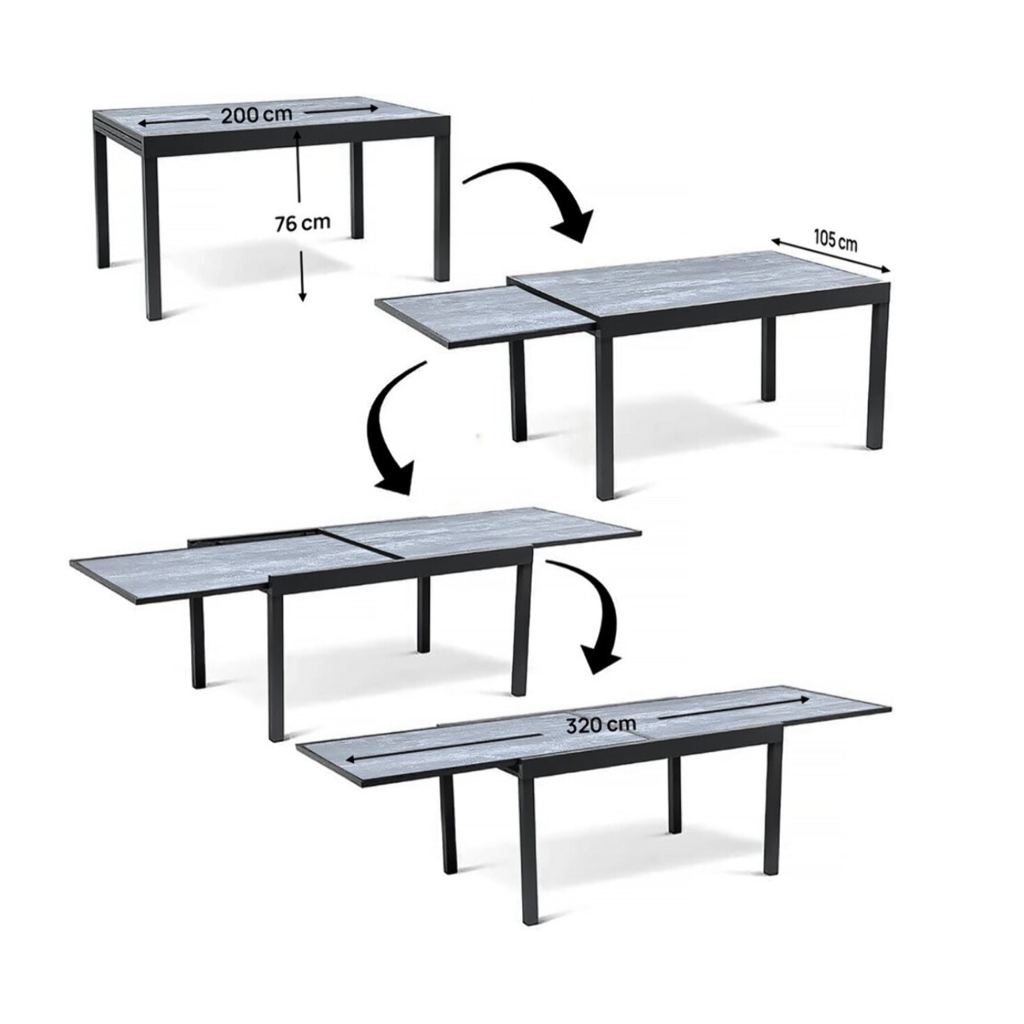 Table extensible et chaises de jardin en aluminium "Lagos" - 200/320 x 105 x 76 cm - 10 chaises - Noir