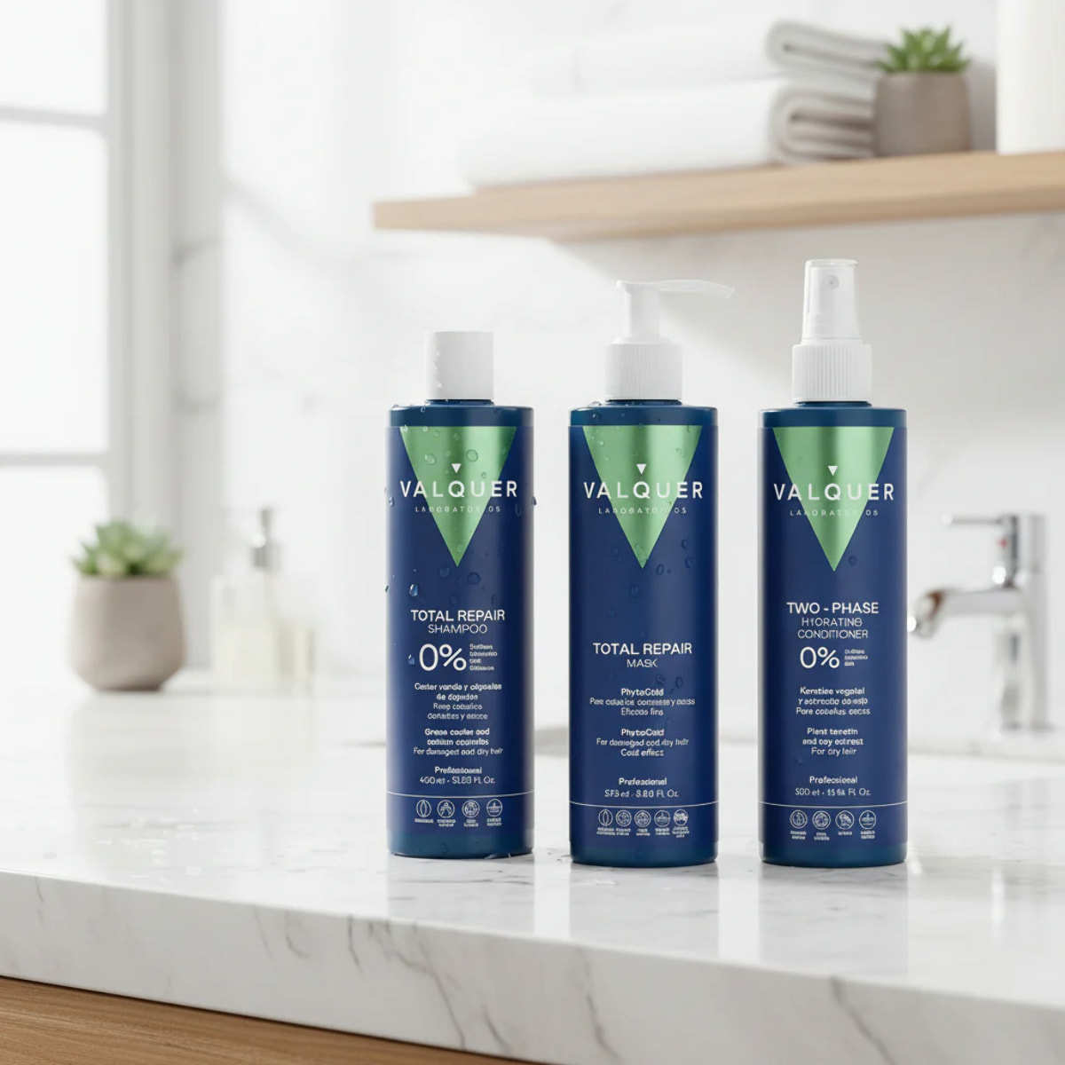 Valquer Pack Total Repair Champú + Mascarilla y Acondicionador bifásico para cabellos dañados - 400 ml + 275 ml + 300 ml