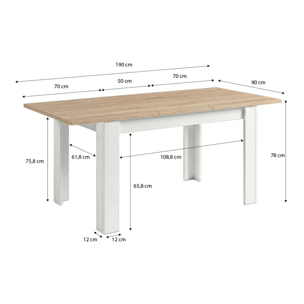 Mesa de comedor extensible en blanco artik y roble canadian 140-190x90 cm Sira Blanco Artik (Blanco Mate) - Roble Canadian