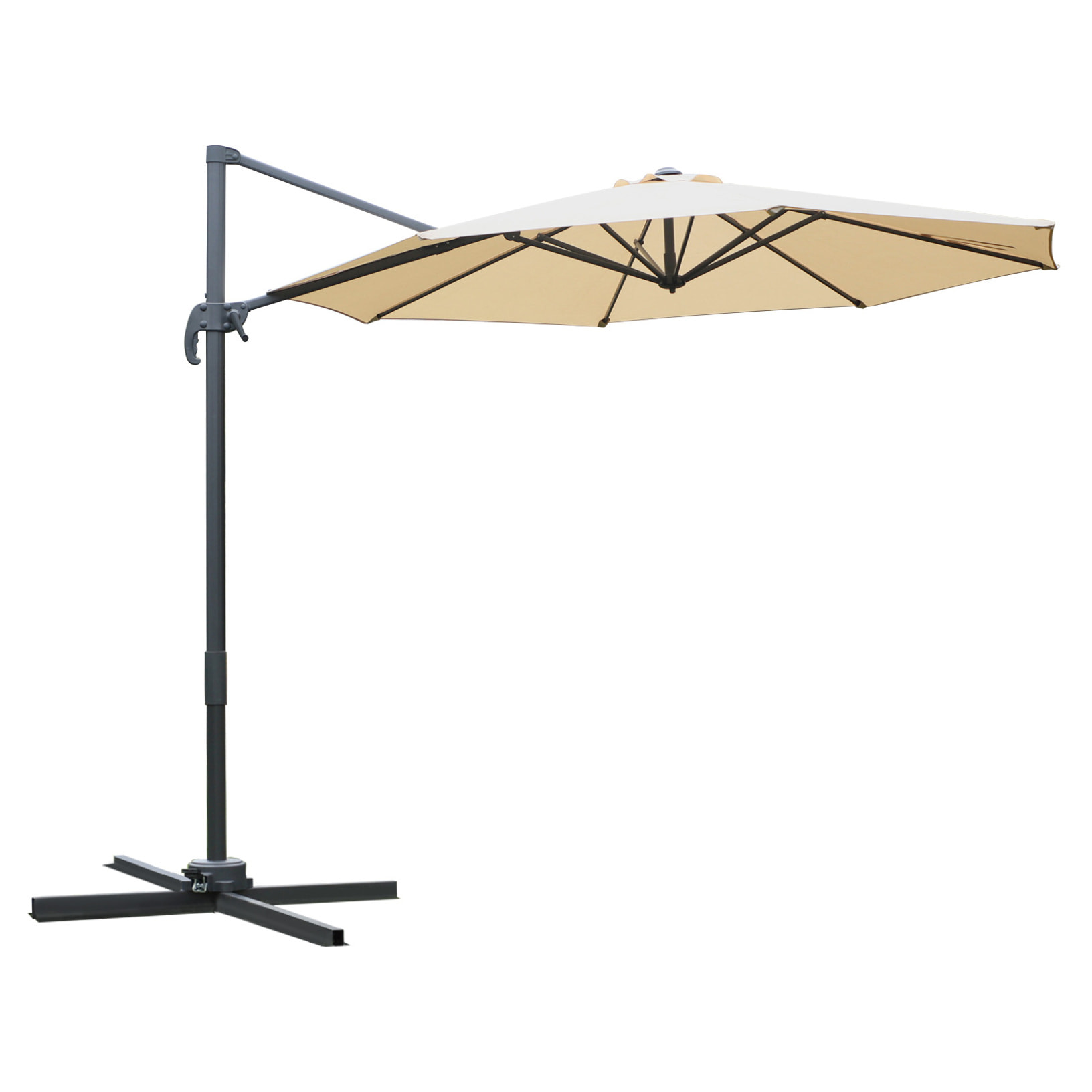 Parasol déporté octogonal inclinable rotatif 360° manivelle piètement acier mât alu. dim. Ø 2,95 x 2,5H m polyester haute densité beige