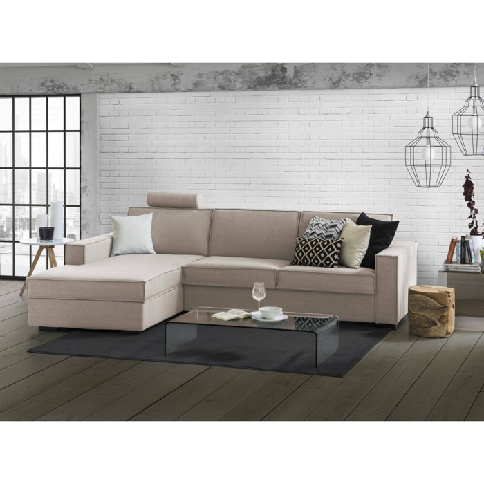 Divano fisso con penisola Sodalite, Sofà ad angolo con penisola contenitore Sinistra, Braccioli slim, 100% Made in Italy, Cm 260x95h90, Tortora