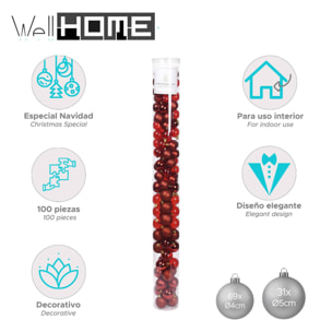 Paquete de 100 bolas color rojo de navidad en diferentes acabados y tamaños