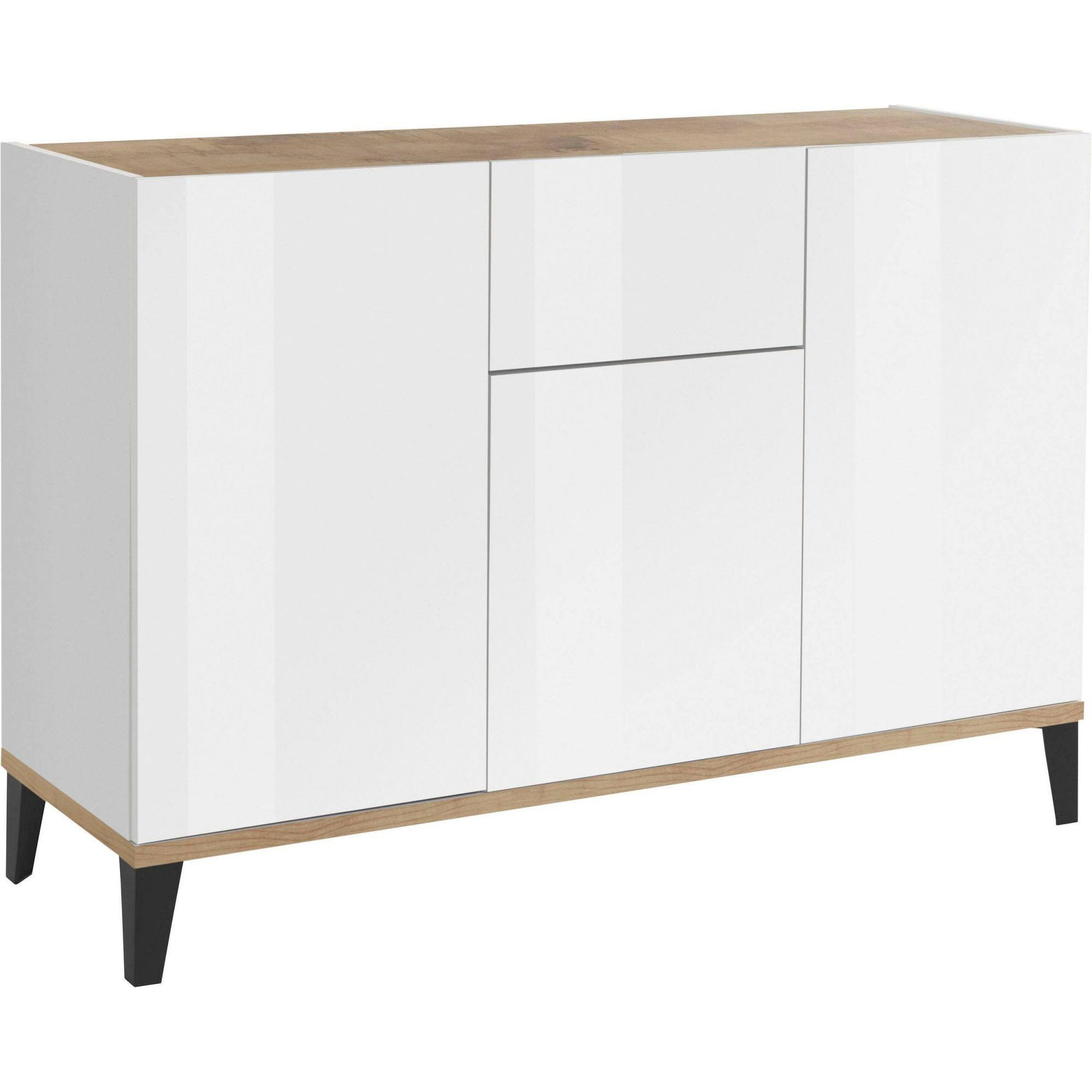 Credenza moderna a 3 ante e 1 cassetto, Made in Italy, Madia da cucina rialzata, Buffet di design da soggiorno, Cm 120x40h82, Bianco lucido e Acero