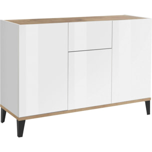 Credenza moderna a 3 ante e 1 cassetto, Made in Italy, Madia da cucina rialzata, Buffet di design da soggiorno, Cm 120x40h82, Bianco lucido e Acero