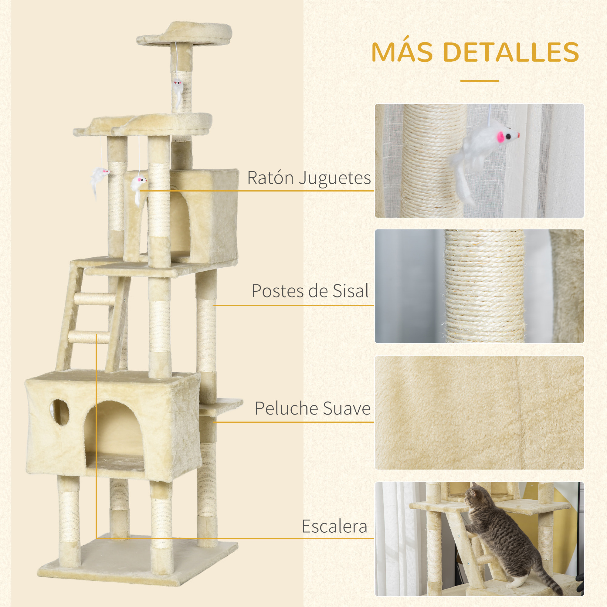 Rascador para Gatos de Felpa y Sisal 60x50x180 cm Beige