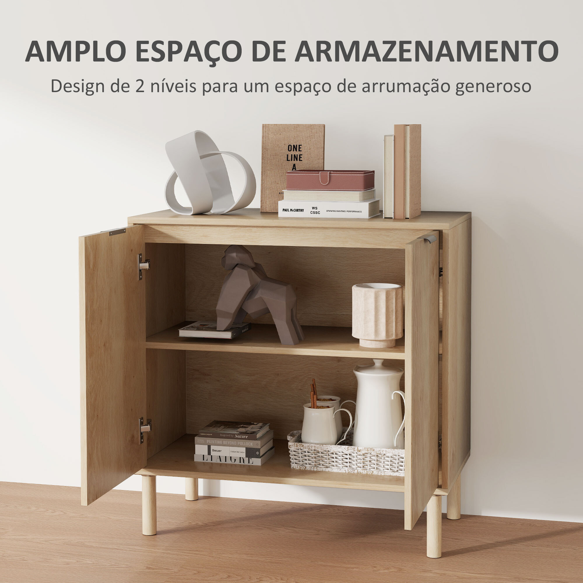 Aparador de Salón Aparador con Estante Ajustable 2 Puertas Sistema Anti-vuelco y Patas de Madera de Pino para Comedor Pasillo 78x40x77,5 cm Roble