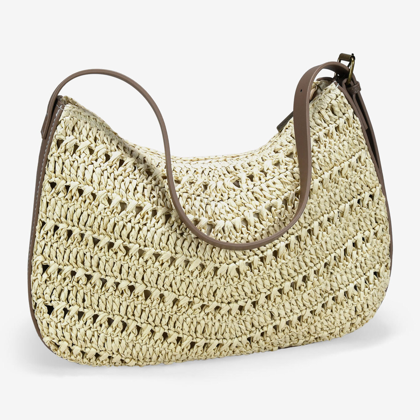 Bolso de hombro beige en rafia con hebilla