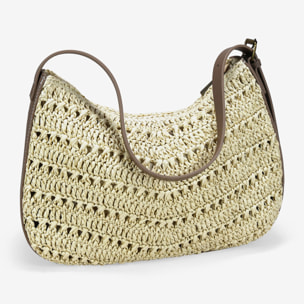 Bolso de hombro beige en rafia con hebilla