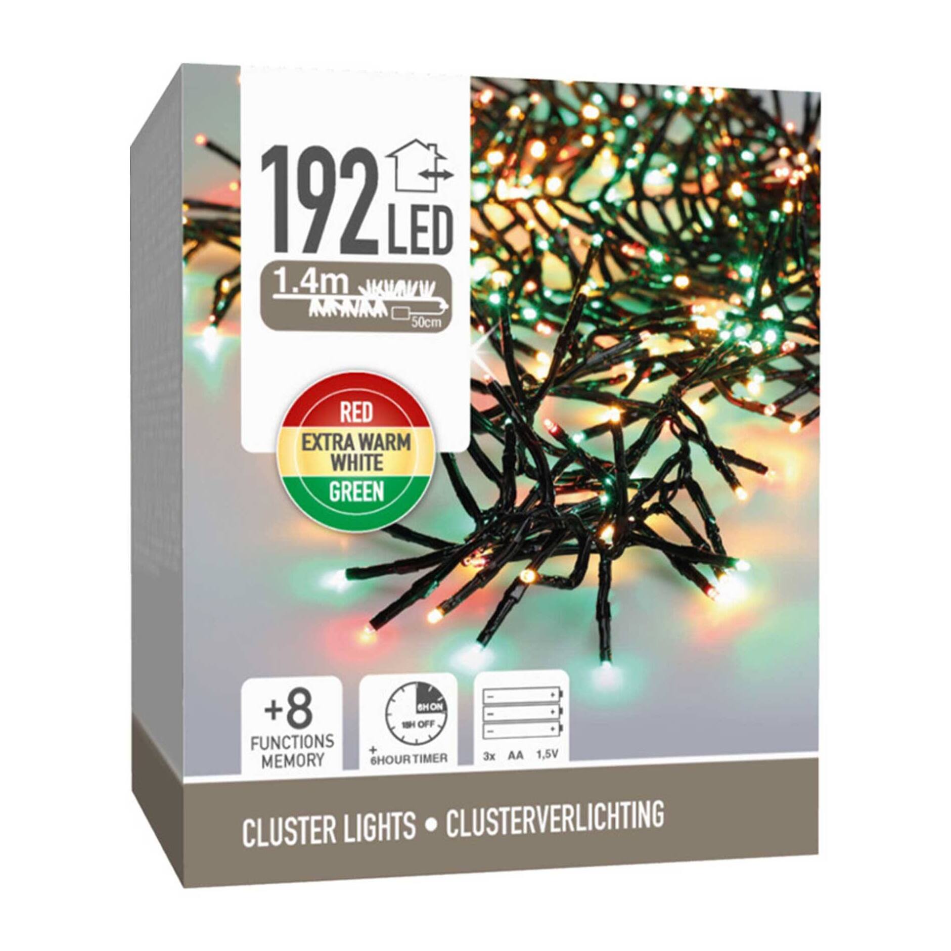 Guirnalda de 192 Luces LED Rojo, Verde y Blanco Extra Cálido con 8 Funciones y temporizador - 1,4 metros