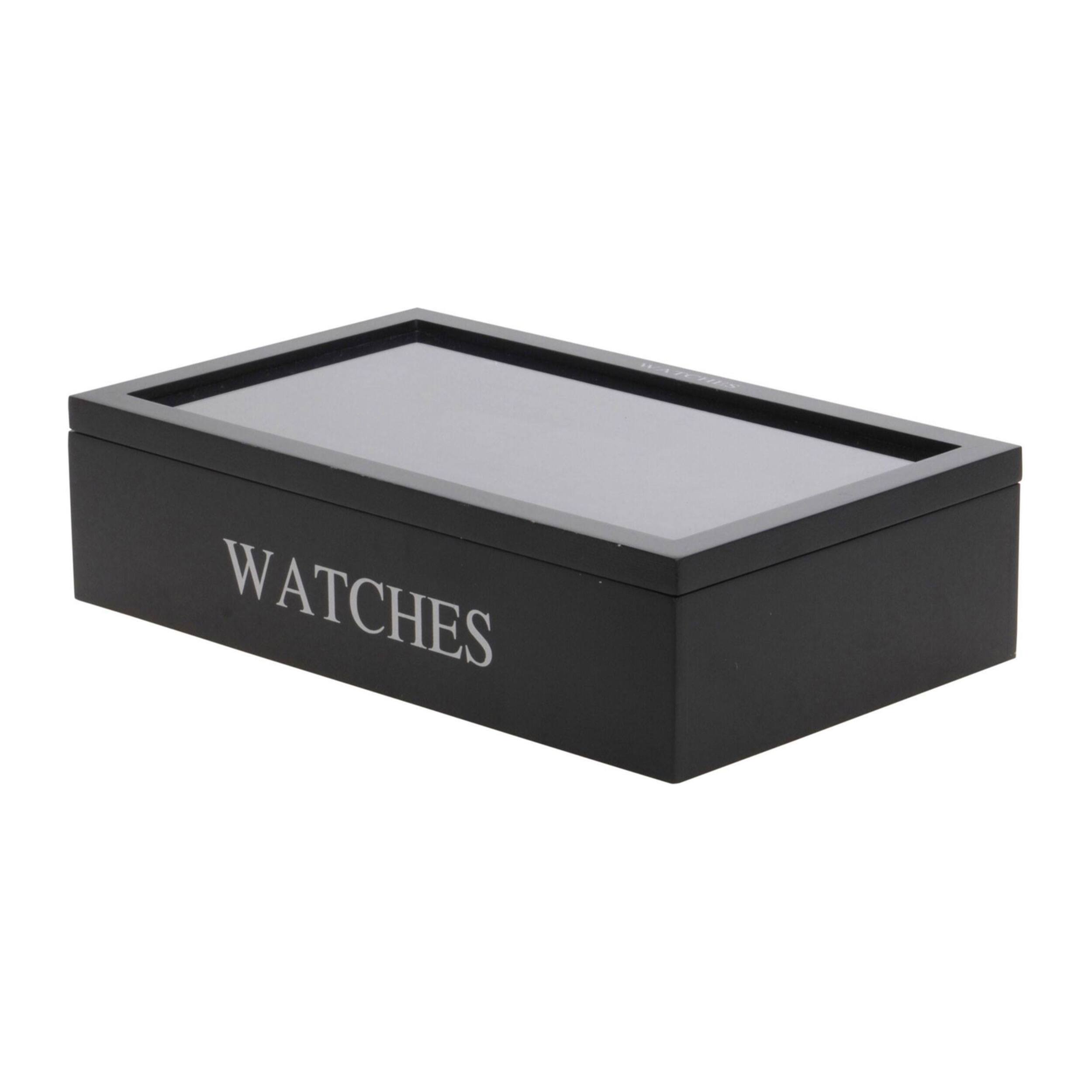 caja mdf para 12 relojes 34x20x8.5cm, color negro con impresión plateada