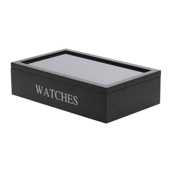 caja mdf para 12 relojes 34x20x8.5cm, color negro con impresión plateada