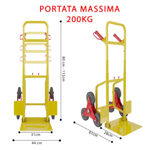 Carrello A Mano Montascale Portapacchi Portata Max 200 Kg Carrellino Pieghevole Acciaio Tubolare Ruote In Gomma Trasporto Pacchi 112x61x44 Cm Giallo