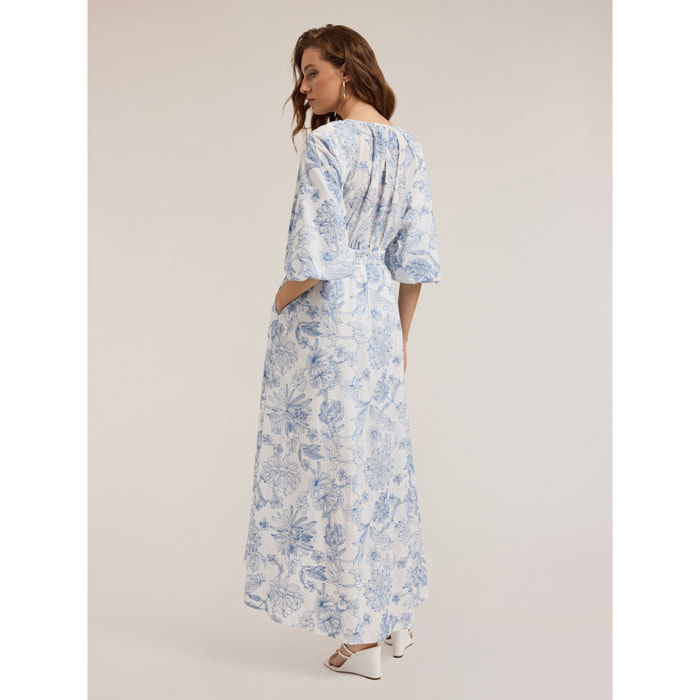 Motivi - Vestito lungo in cotone con ricamo floreale - Azzurro