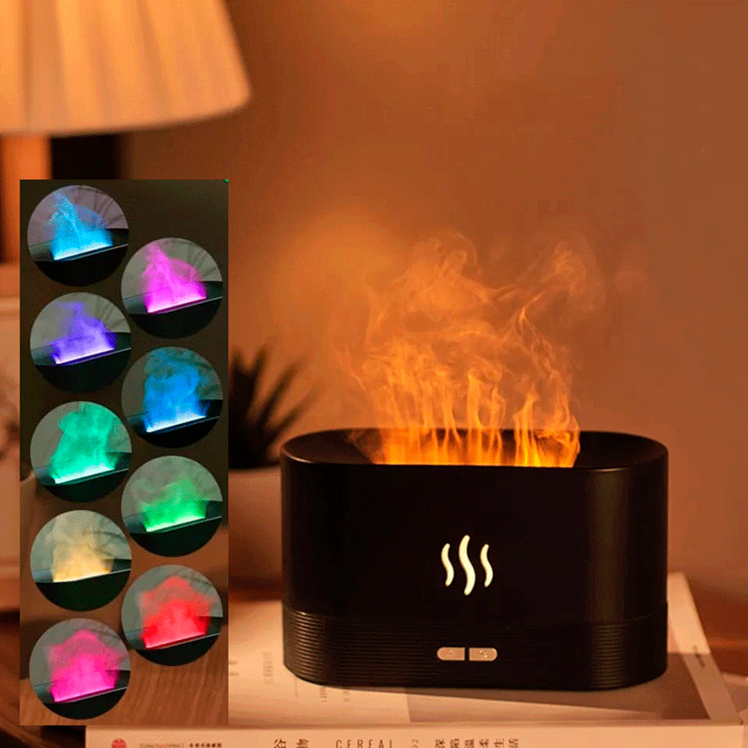 Diffusore di aromi con effetto fiamma, 9 colori, 2 impostazioni di luminosità e capacità di 180 ml. Consente oli essenziali non corrosivi.