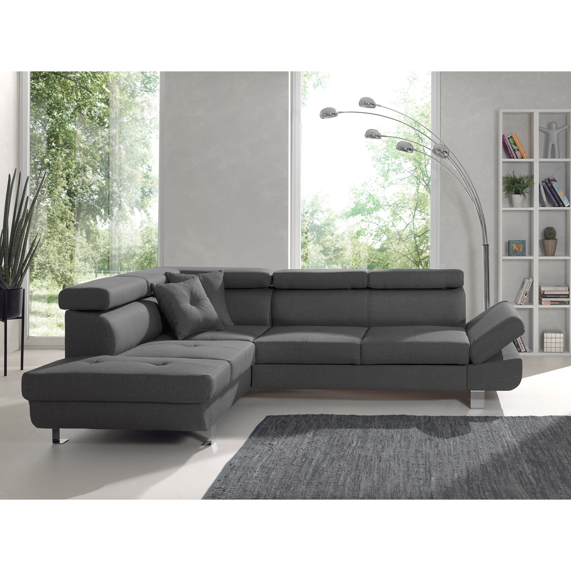 Lisbona - Canapé d'angle gauche convertible - 5 places - avec têtières - Gris foncé