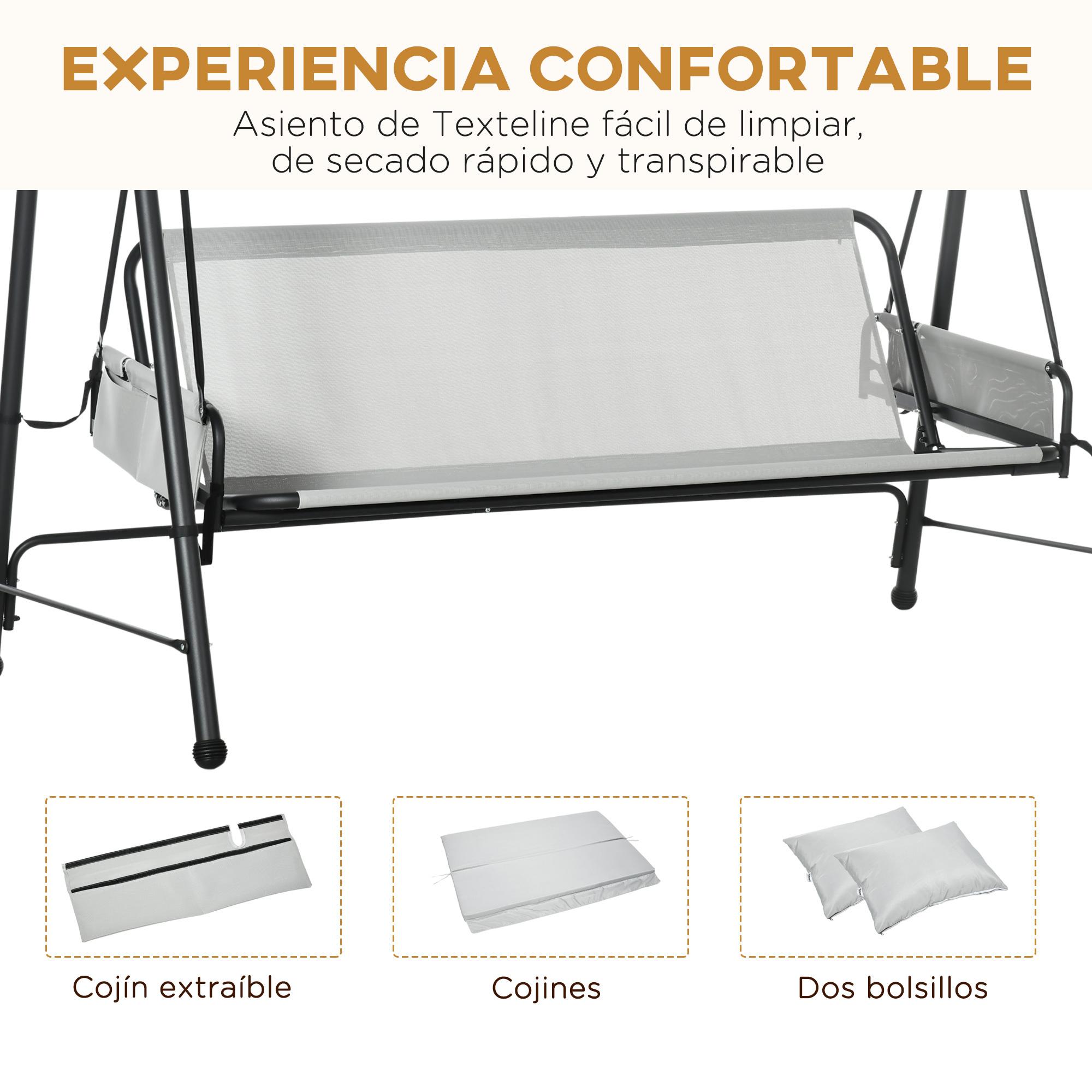 Columpio de Jardín de 3 Plazas Banco Balancín Convertible en Cama con Toldo Reclinable 2 Cojines 2 Bolsillos de Almacenamiento y Marco de Acero 236x138x185 cm Gris