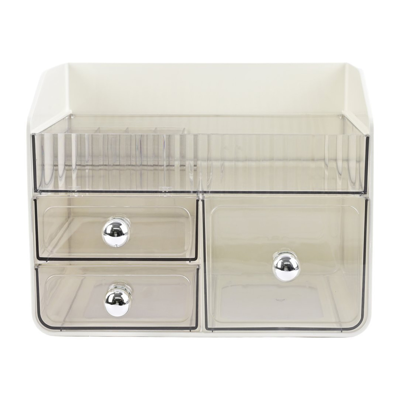 Organizador de maquillaje blanco con soporte para labiales y 2 cajones