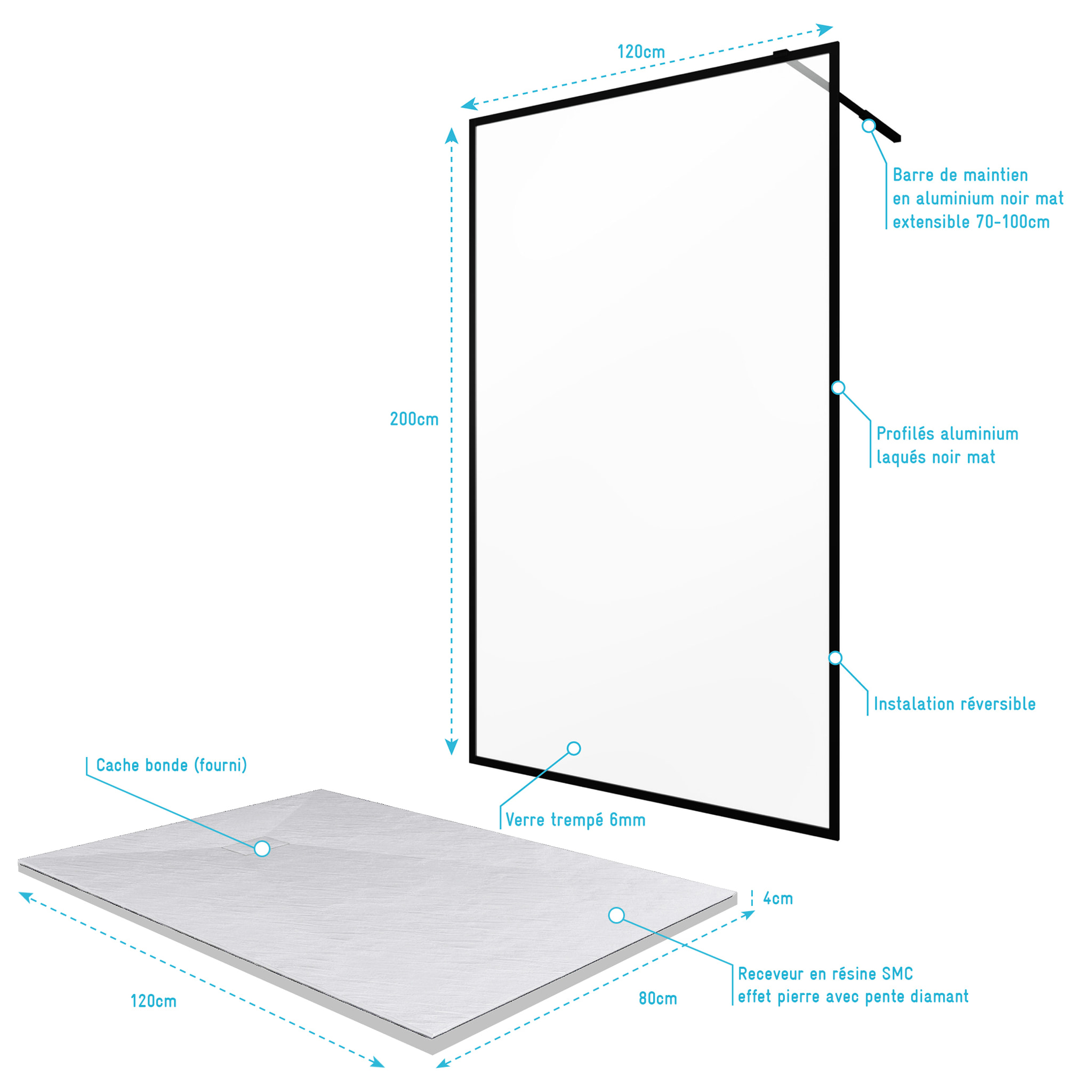 Paroi de douche 120x200 + receveur 120x80 cm - cadre et barre noir mat - CONTOURING 120