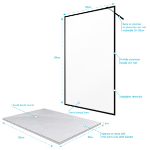 Paroi de douche 120x200 + receveur 120x80 cm - cadre et barre noir mat - CONTOURING 120