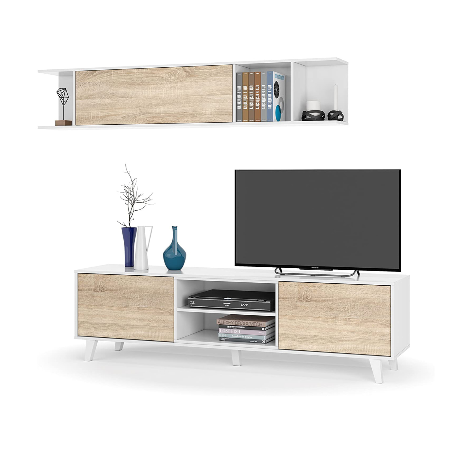 Parete attrezzata Buffalo, Mobile da soggiorno porta TV, Composizione per salotto con pensile, cm 180x41h51, Bianco e Rovere