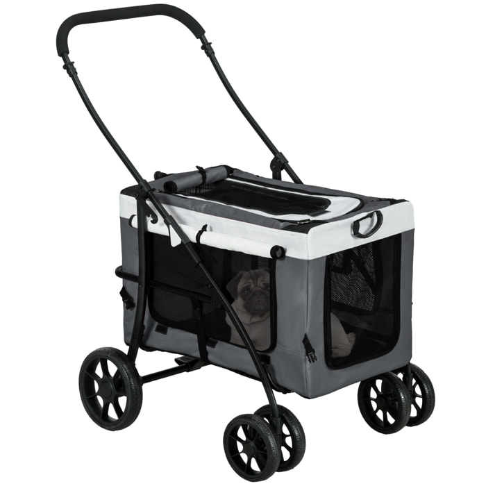 Carrito para Perros 2 en 1 Cochecito para Perros Pequeños Plegable Cochecito para Mascotas con Vagón Desmontable 4 Puertas con Cremallera 2 Correas de Seguridad y Cojín Gris