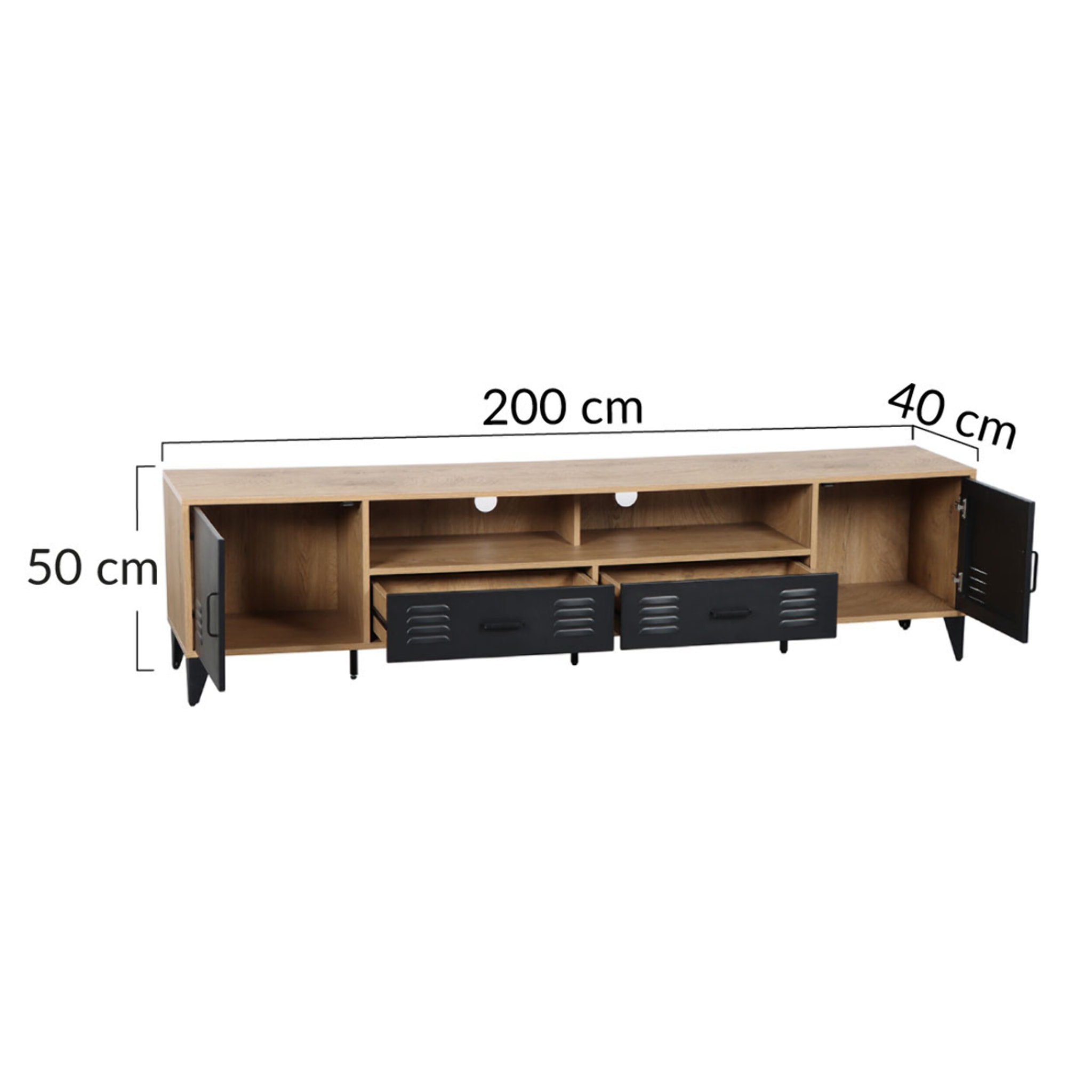 Tribeca - meuble tv - effet bois et métal noir - 200 cm - Bois / Noir