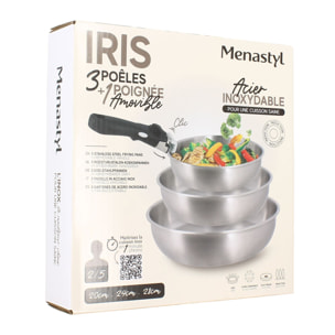 Lot de 3 poêles amovibles en acier inoxydable - tous feux IRIS
