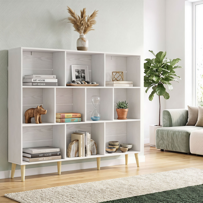 Estantería de 10 Cubos, Librería de 3 Niveles con Patas de Madera Maciza, para Dormitorio, Salón, Estudio u Oficina, 140x24x107 cm, Blanco