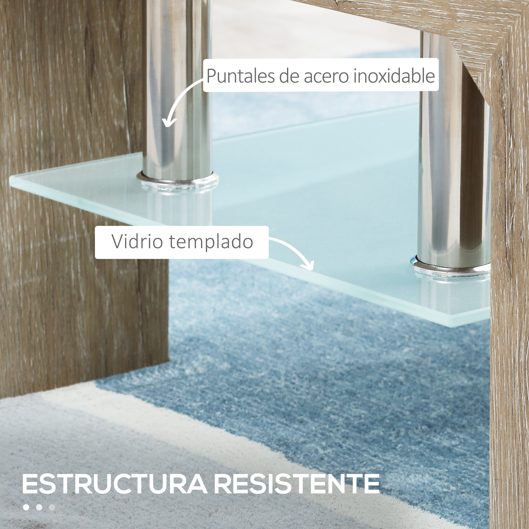 HOMCOM Mesa de Centro Rectangular Mesa Auxiliar de Salón con 2 Estantes de Vidrio Templado Marco de Acero Inoxidable y Patas de Madera Estilo Moderno 90x50x42 cm Natural