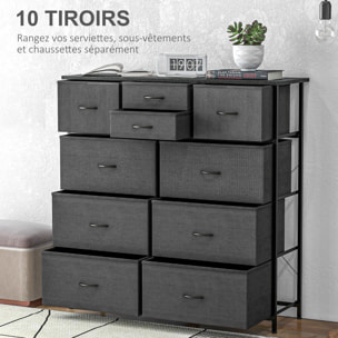 Meuble de rangement commode 10 tiroirs plateau acier MDF non tissé noir