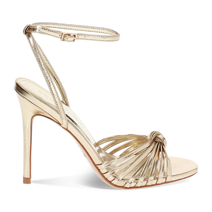Sandalo donna dorato con nodo, tacco 10,5 cm