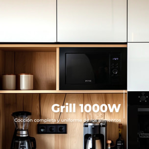 EVVO Microondas integrable Mi35 Negro, 25L, grill 1000W, 8 funciones, multifunción, temporizador 60 min, display digital, negro