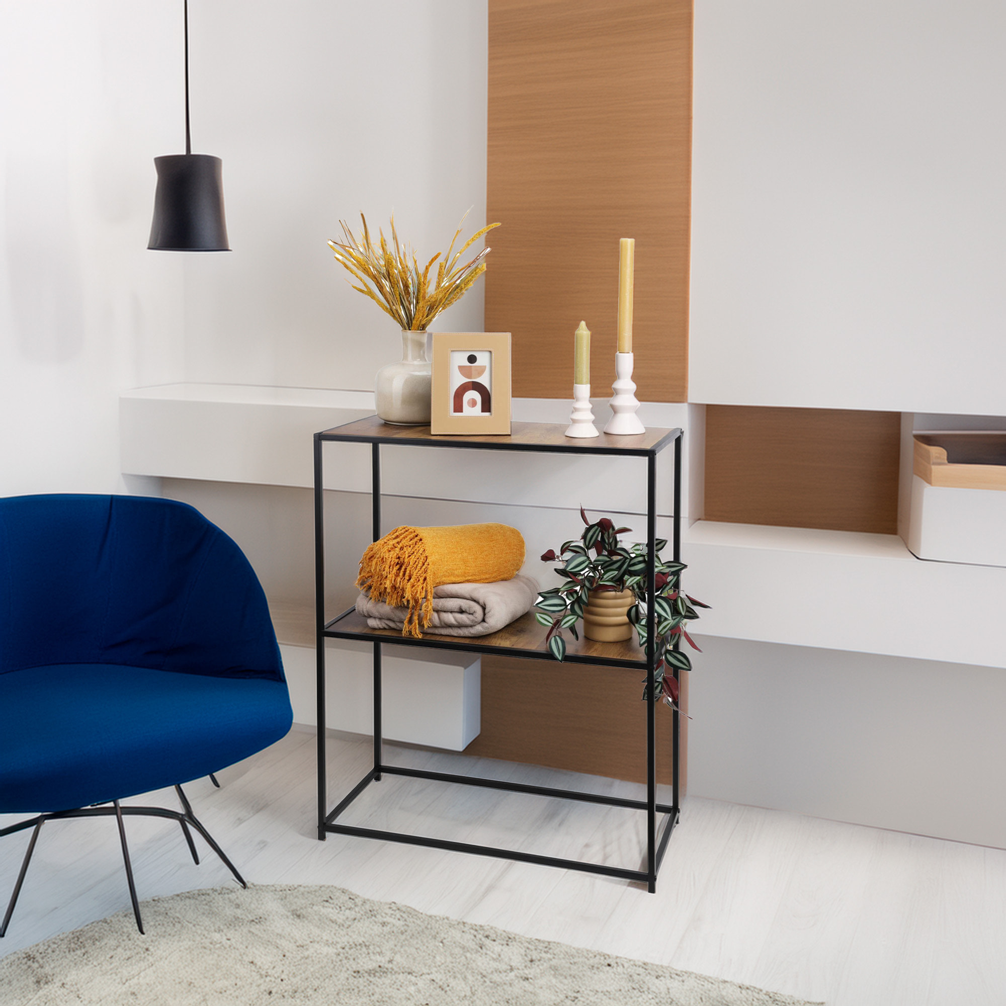 Mesa auxiliar de hierro con estantes de mdf 70x31x85cm