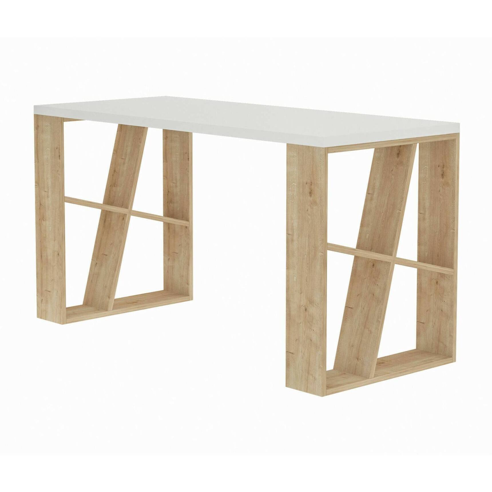 Scrivania Ernestina, Scrittoio multiuso, Tavolo per ufficio porta PC, Piano di lavoro, 140x60h75 cm, Bianco e Rovere