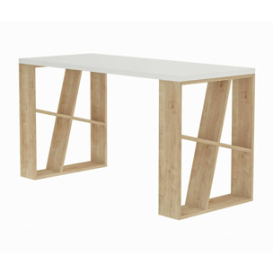 Scrivania Ernestina, Scrittoio multiuso, Tavolo per ufficio porta PC, Piano di lavoro, 140x60h75 cm, Bianco e Rovere