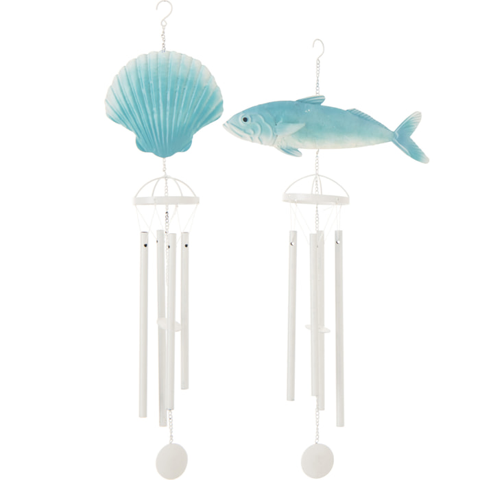 J-Line Carillon Poisson + Coquillage - métal - bleu clair/blanc - 2 pièces