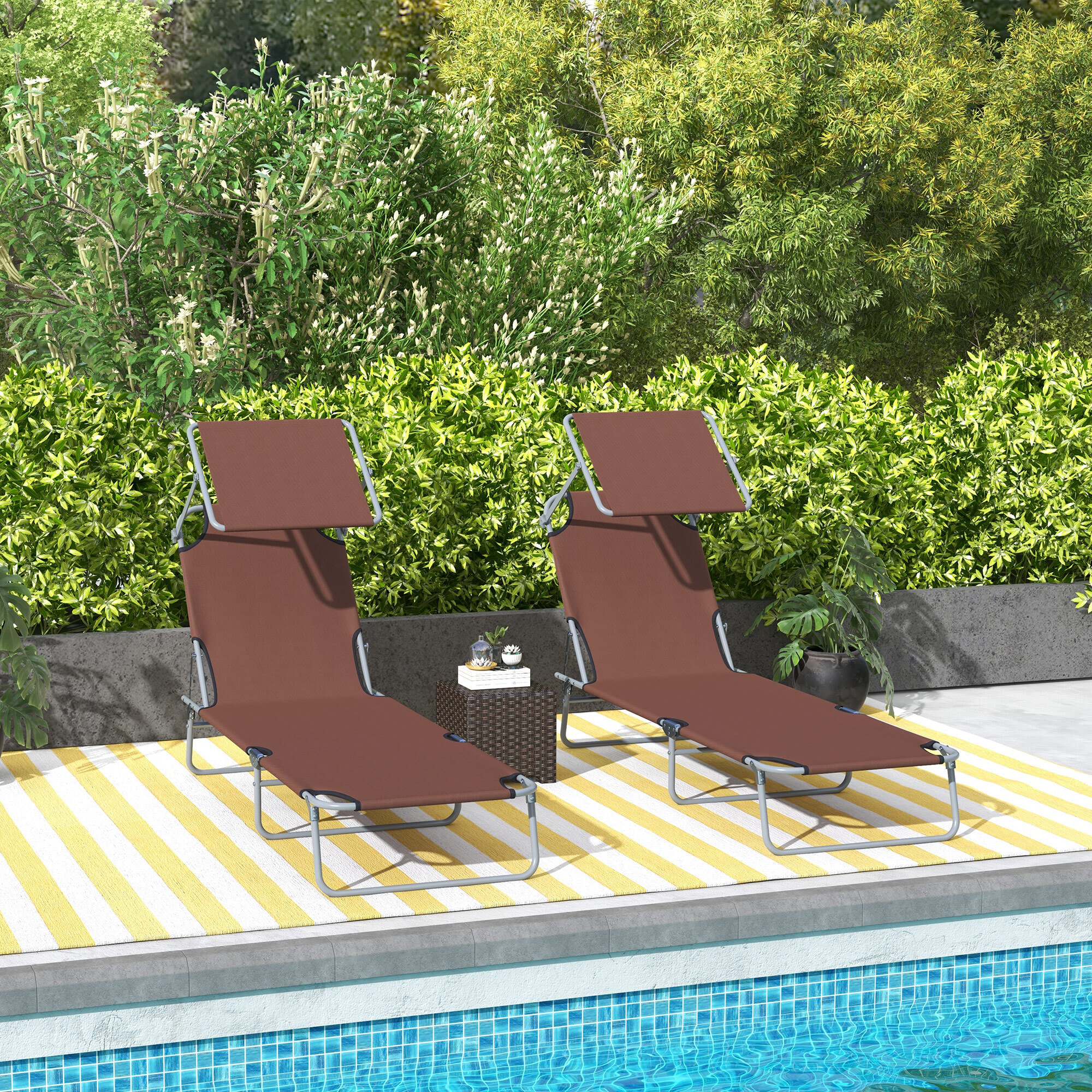 Conjunto de 2 Tumbonas Plegables Tumbonas de Jardín Reclinables con Toldo Desmontable Respaldo Ajustable en 5 Niveles para Terraza Piscina 187x58x36 cm Marrón