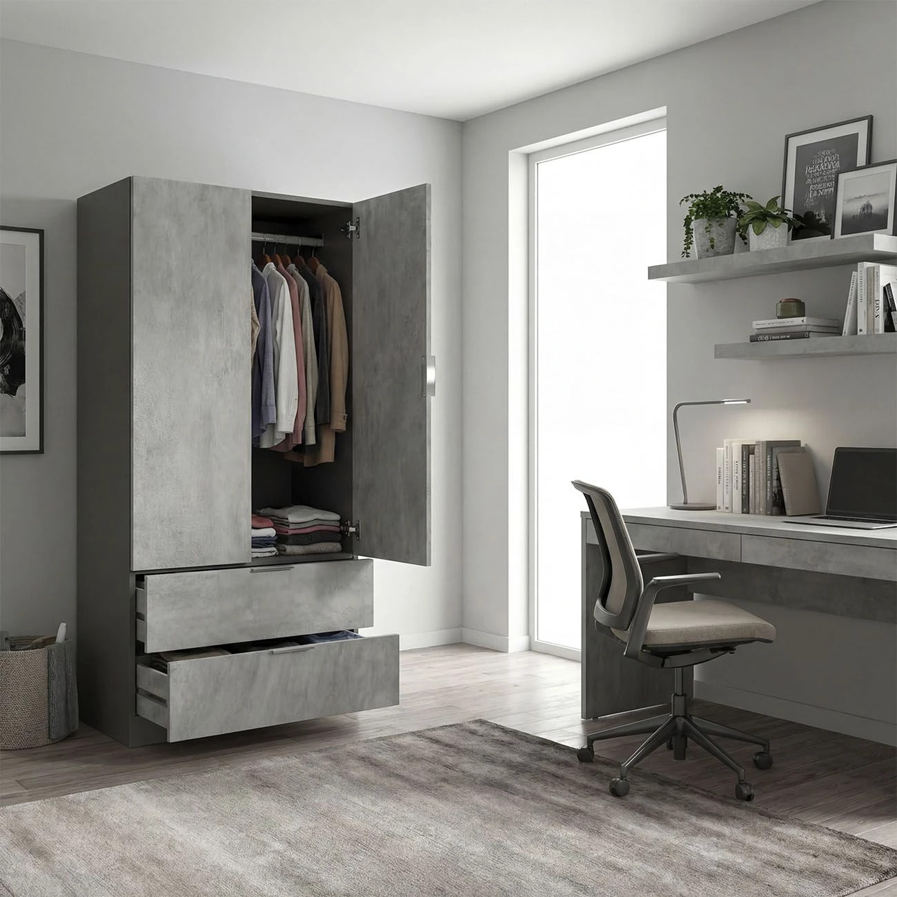 Armario de 2 puertas y 2 cajones en gris grafito y gris cemento 81,5x180 cm Lark Gris Grafito - Gris Cemento