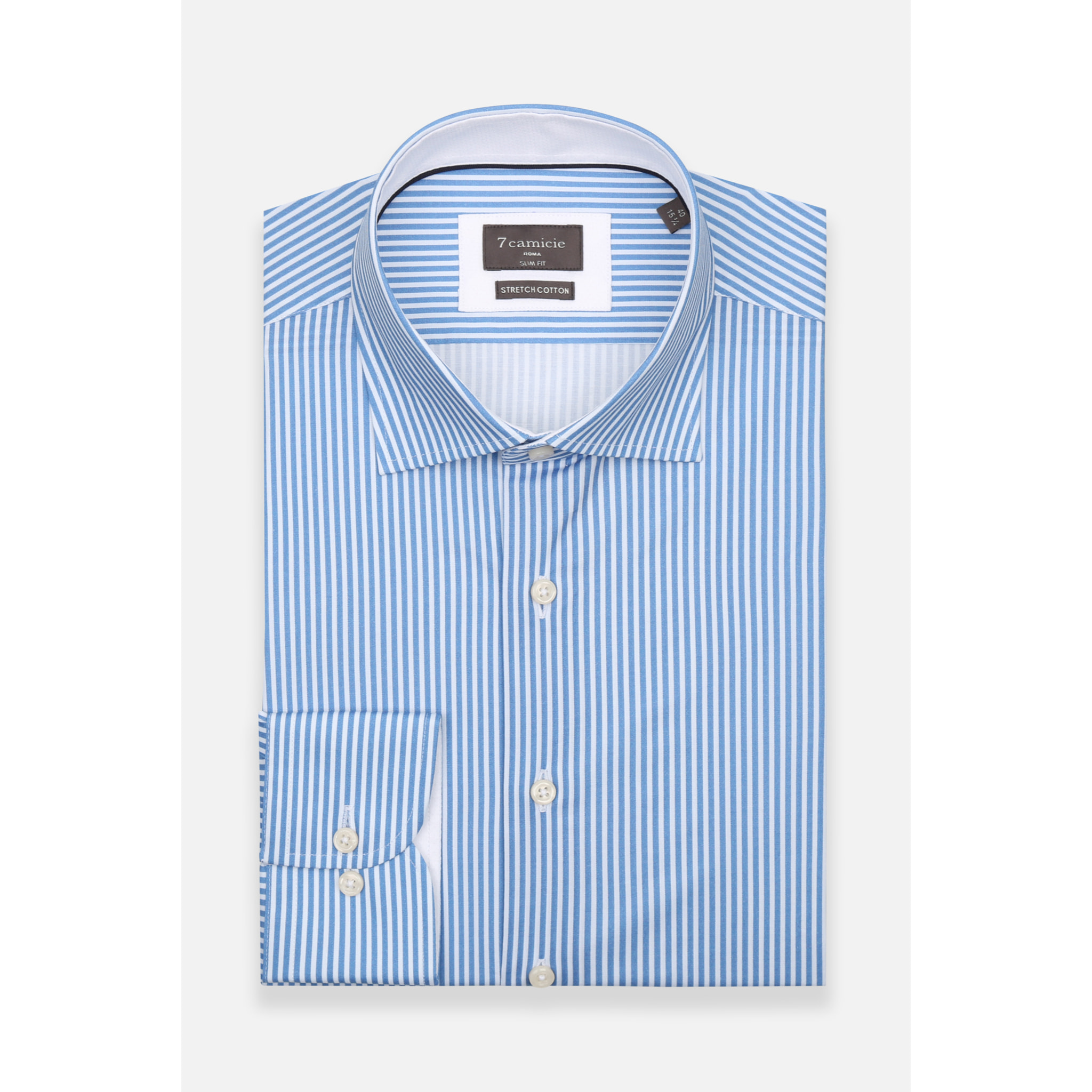 Camicia Uomo 1 Bottone Francese Slim Popeline Stretch Riga Media Bianco\Blu Inchiostro