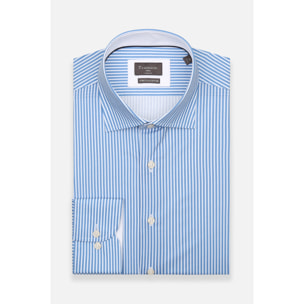 Camicia Uomo 1 Bottone Francese Slim Popeline Stretch Riga Media Bianco\Blu Inchiostro